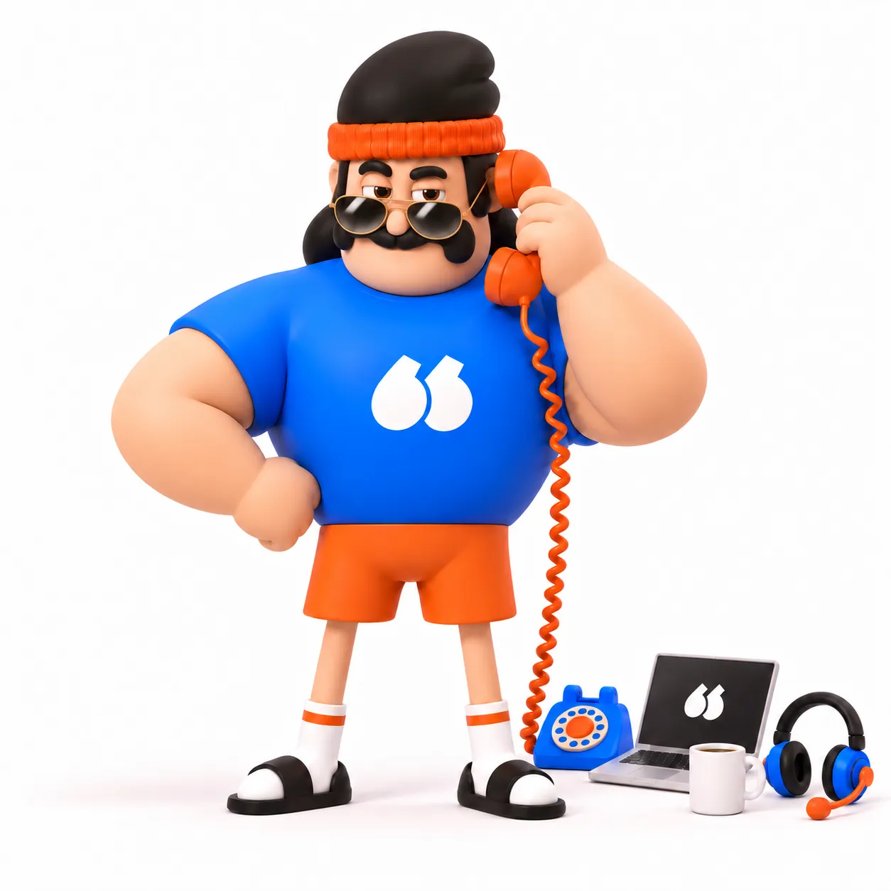 Mascotte Flunter au téléphone, lunettes aviateur, regard confiant
